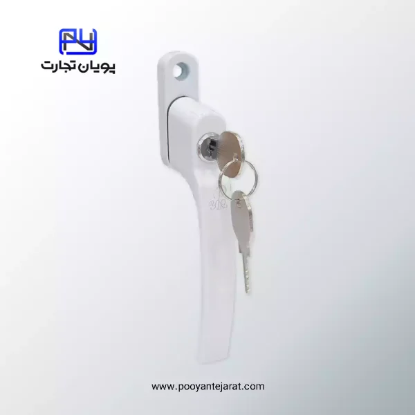 دستگیره پنجره کلیدخور پلاک باریک YAER سفید براق – آلومینیومی، دوطرفه و کوتاه‌دسته