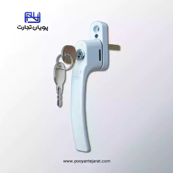 دستگیره پنجره کلیدخور پلاک باریک یک‌طرفه YAER سفید براق – آلومینیومی، کوتاه‌دسته و ایمن